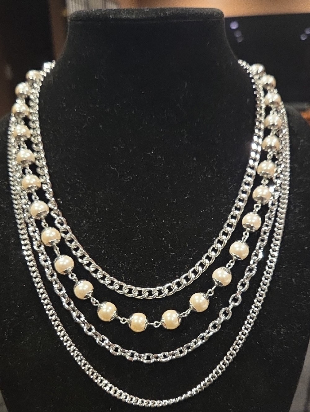 Ann Taylor Silver Multi-Layer Pearl-Accented Necklace